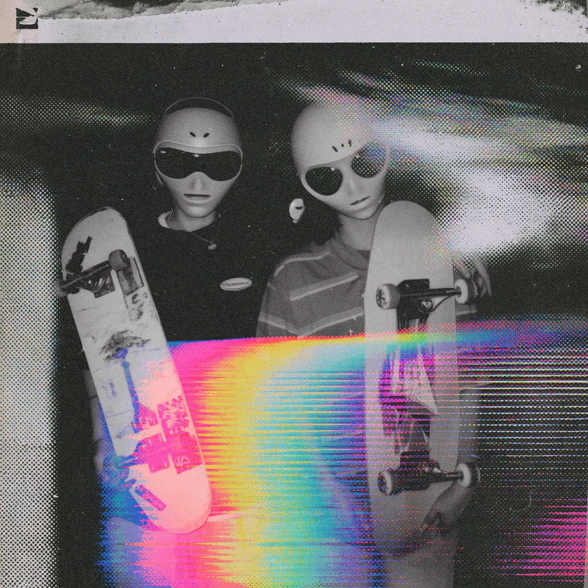 HUXON band portrait: two friends in alien masks holding skateboards, with grainy pink and rainbow distortion.